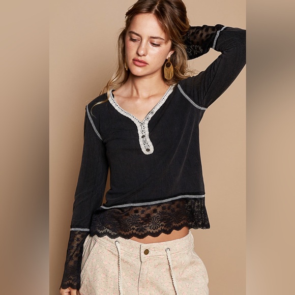 POL Tops - POL Black Henley Top Lace Sleeves